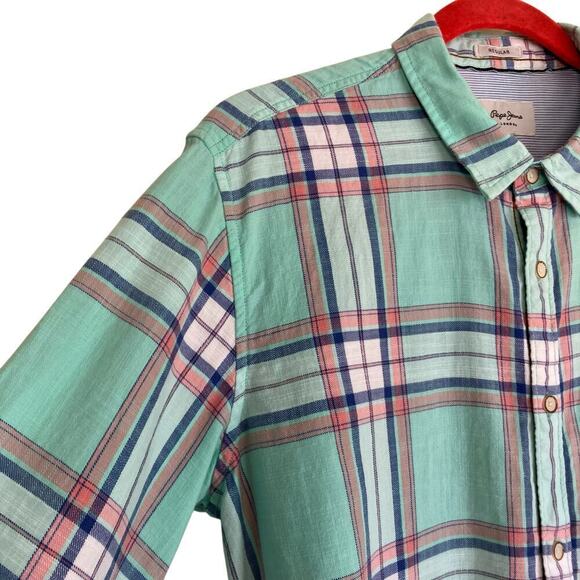 Pepe Jeans Mens Ruskin Twill Plaid Casual Button Down Shirt Slim Fit Mint Green - Picture 2 of 16